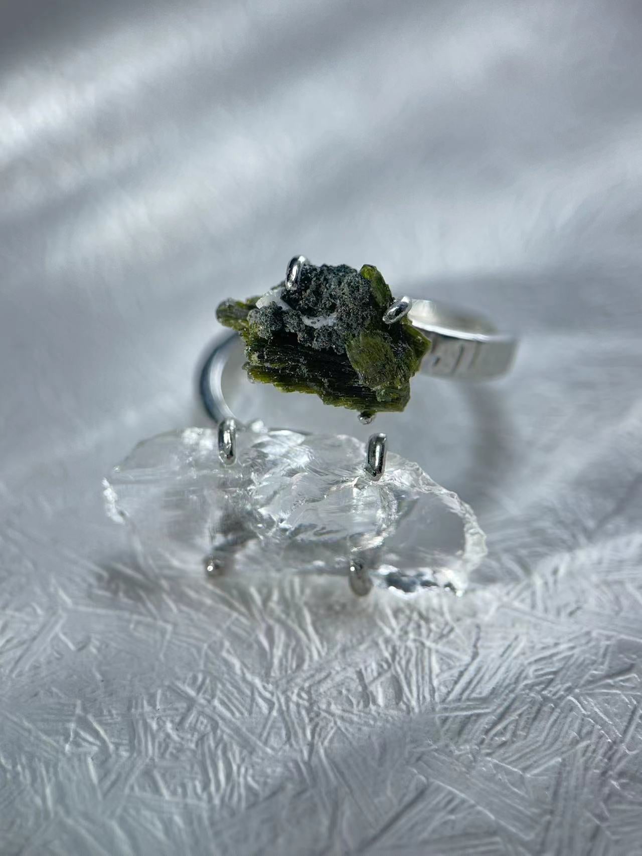 Double Clear Quartz & Epidote Raw Ring