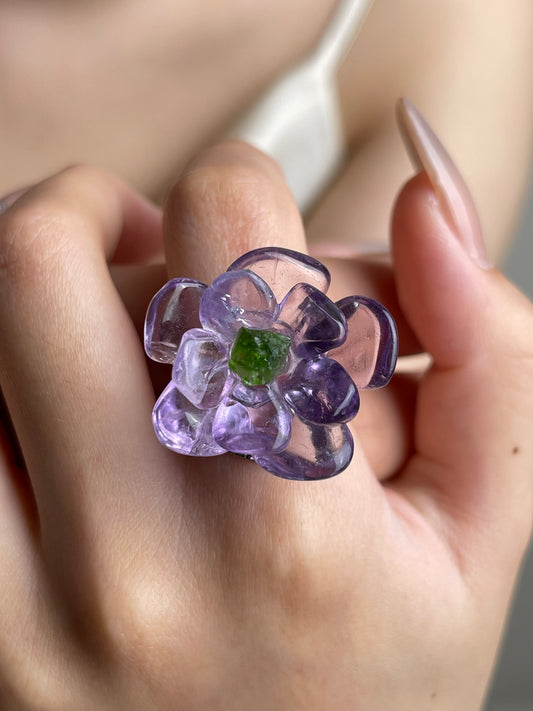 Close-up hand shot of Amethyst and Chrome Diopside Ring by Oryssia