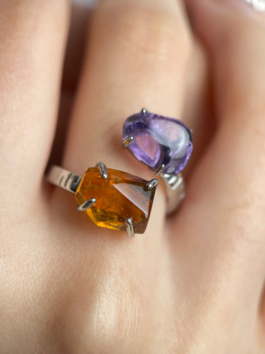 Close-up of amethyst and citrine ring showing raw crystal texture