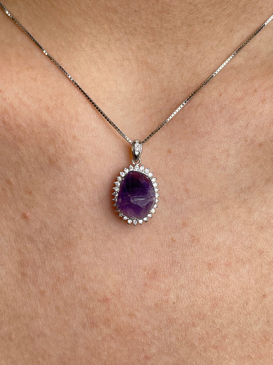 Close-up of amethyst necklace with Brazilian Amethyst in sterling silver worn on neck