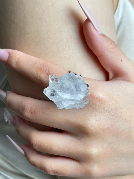Close-up hand view of Apophyllite crystal cluster ring