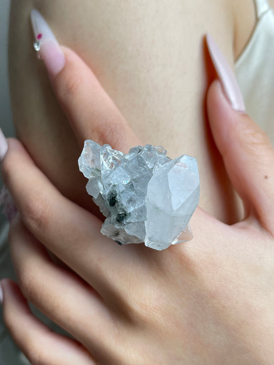 Close-up hand view of Apophyllite Crystal Cluster Ring