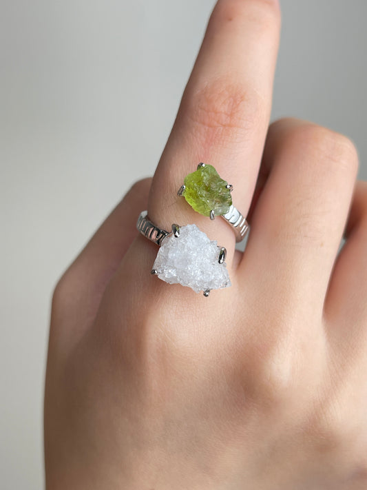 Close-up hand view of Apophyllite and Peridot Twin Stone Ring
