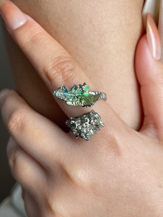 Bismuth Crystal and Chalcopyrite Mineral Specimen Ring, close-up on hand