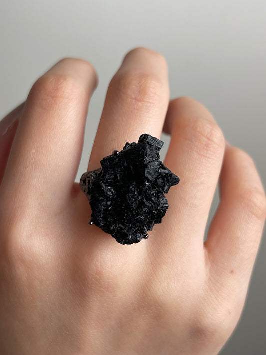 Black Tourmaline Cluster Ring close-up worn on hand
