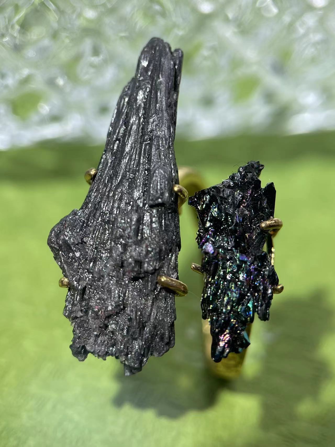 Feather Black Tourmaline & Rainbow Chalcopyrite Ring