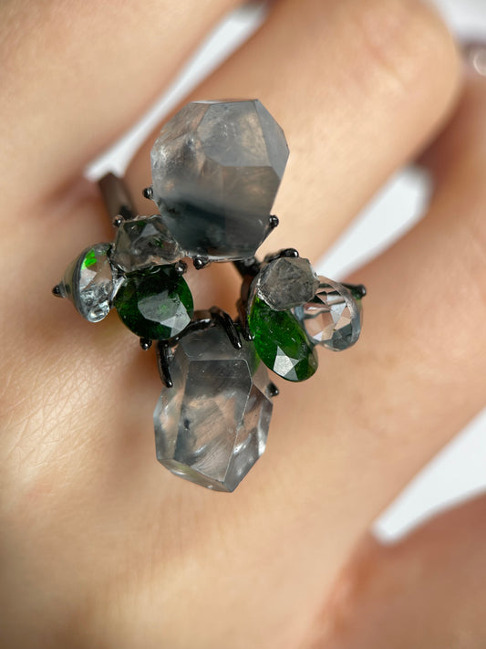 Close-up of Blue Rutilated Quartz Ring worn on hand with Hakima Diamond Quartz and Chrome Diopside