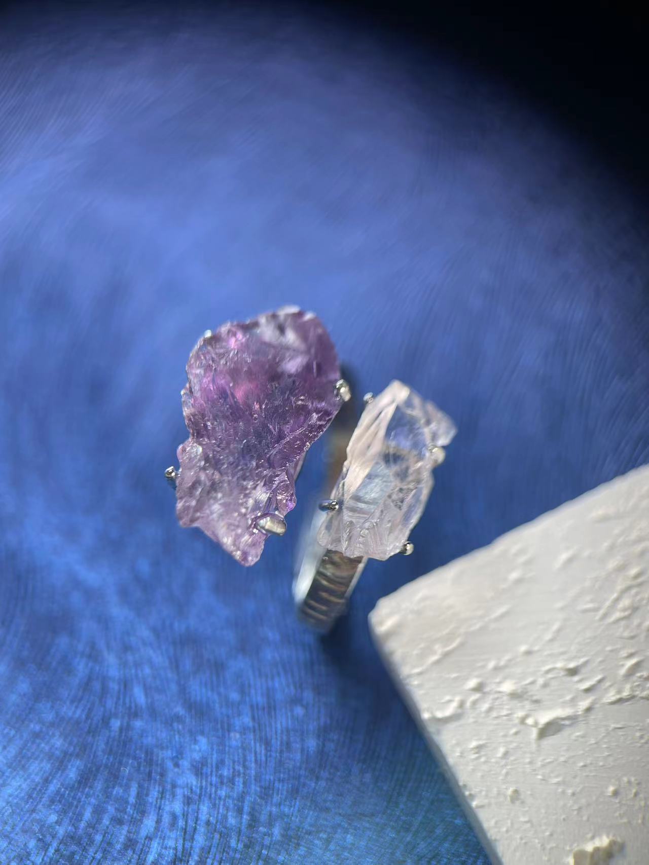 Amethyst & Clear Quartz Raw Crystal Ring