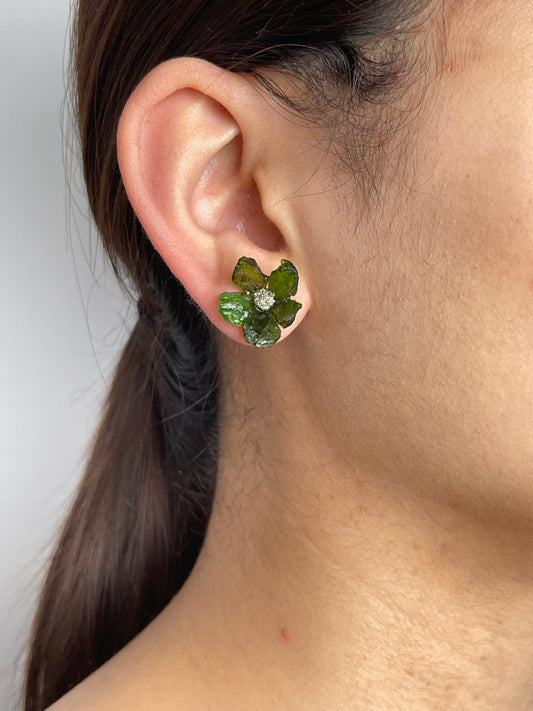 Close-up of Chrome Diopside and Chalcopyrite flower stud earrings