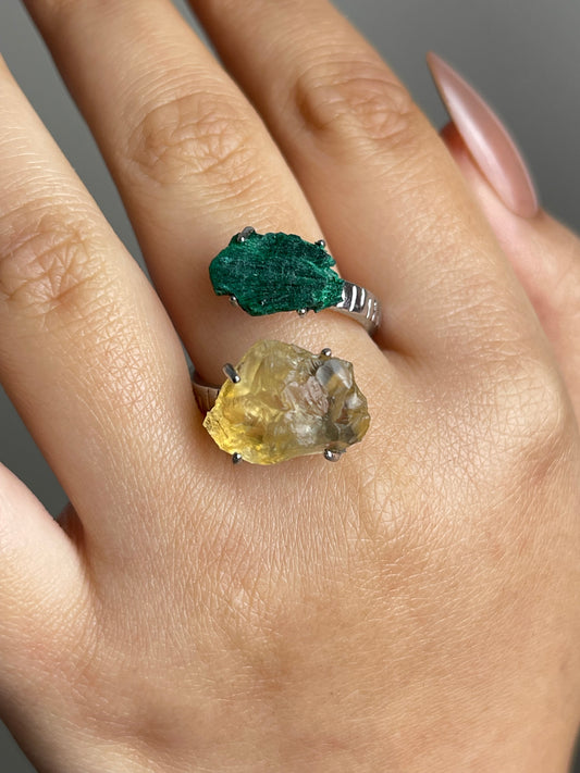 Close-up of Citrine and Fibrous Malachite ring showing raw crystal texture on hand