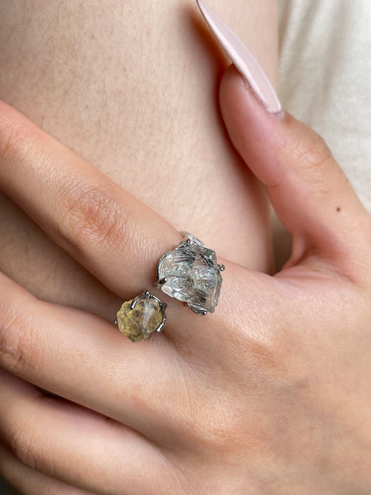 Close up of raw Citrine and Green Quartz ring on hand