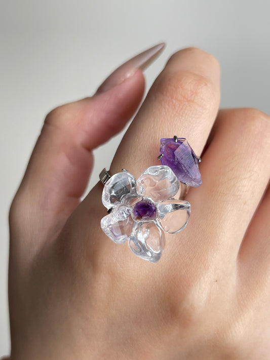 Close-up hand view of Clear Quartz Flower Ring with raw Amethyst