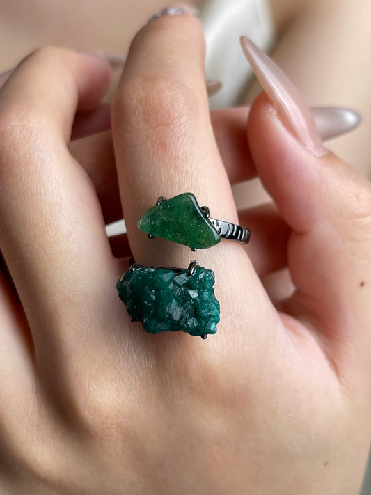 Close-up hand shot of Dioptase and Green Strawberry Quartz Ring by Oryssia