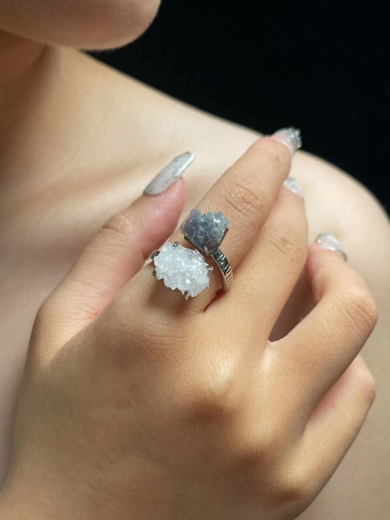 White Sugar Quartz & Grape Agate Twin Crystal Ring