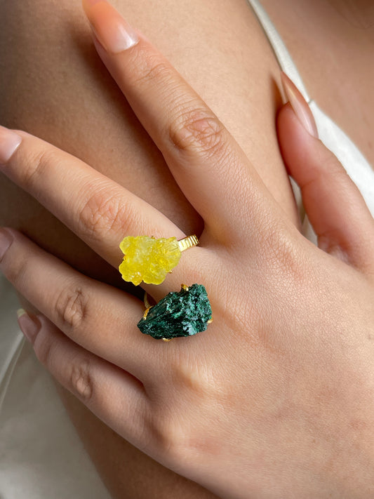 Fibrous Malachite and Brucite Mineral Specimen Ring, close-up on hand