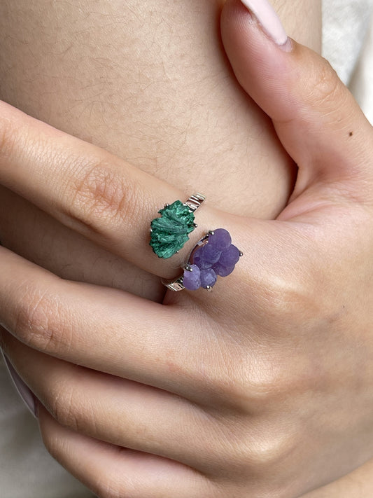 Close-up hand view of Fibrous Malachite and Purple Grape Agate mineral specimen ring