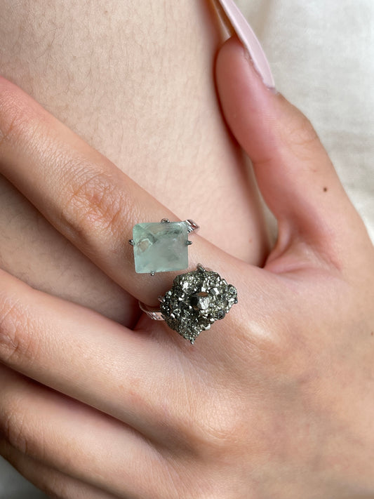 Close up of Green Octahedral Fluorite and Chalcopyrite ring on hand