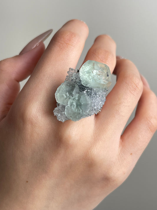 Green fluorite with quartz mineral specimen ring close-up on hand