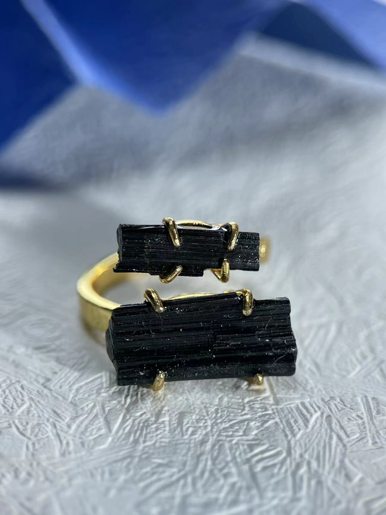 Black Tourmaline Raw Twin Crystal Ring