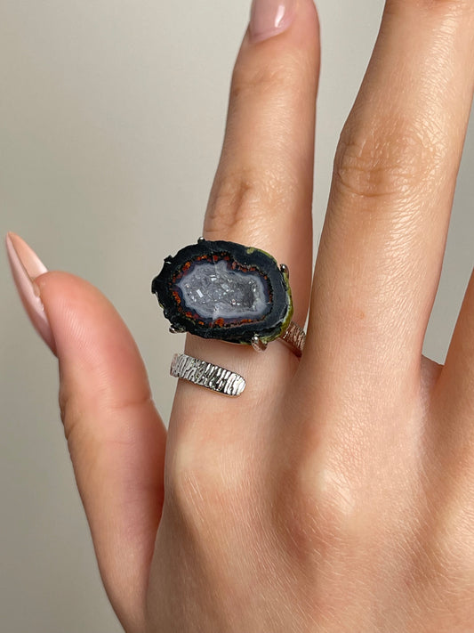 close up mexican crystal geode slice ring