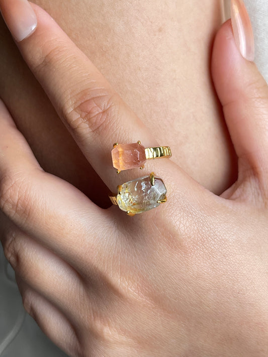 Morganite and Green Quartz Freeform Ring, close-up on hand