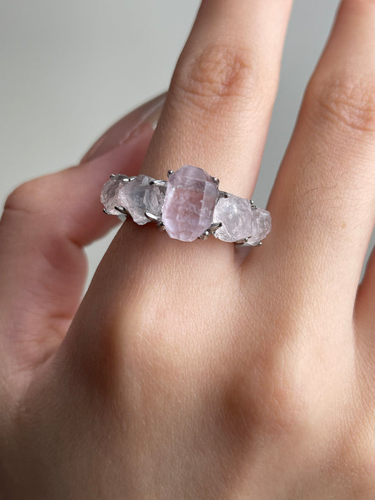 Morganite and Rose Quartz Ring close-up worn on hand