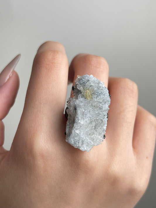 Needle Quartz Cluster Ring hand close-up