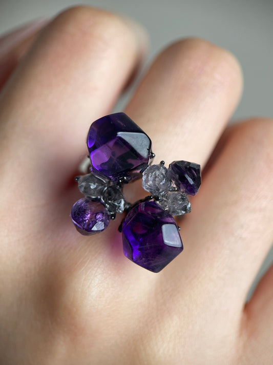 amethyst herkimer diamond ring on hand violet crystal close up