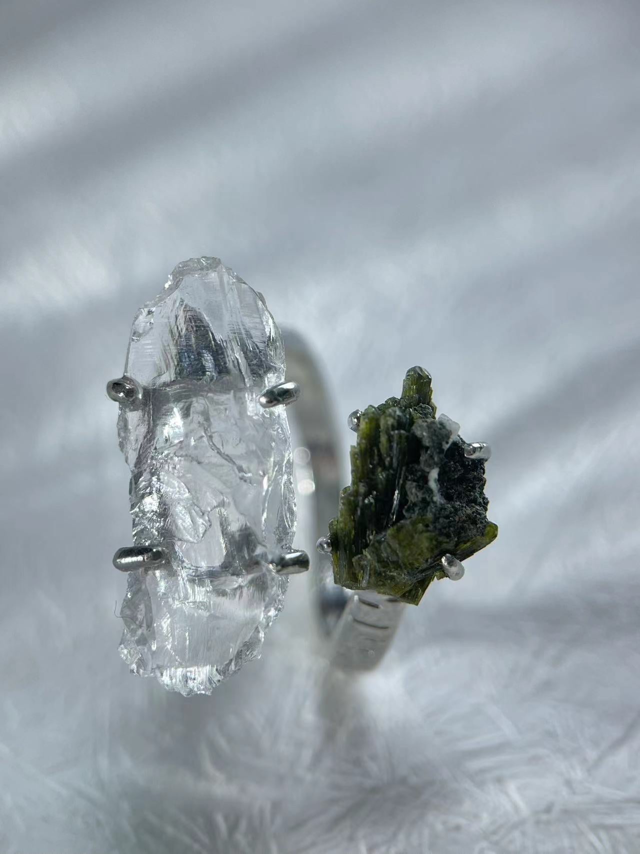 Double Clear Quartz & Epidote Raw Ring