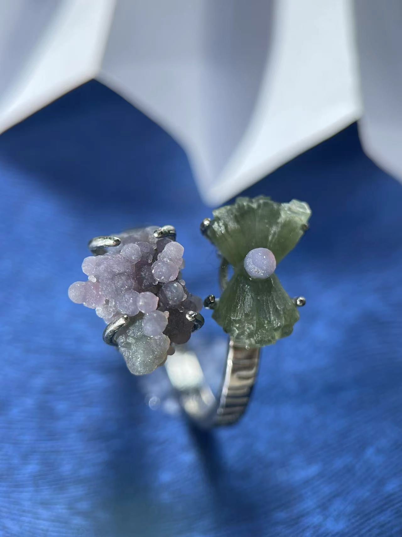 Double Raw Prehnite & Grape Chalcedony Ring