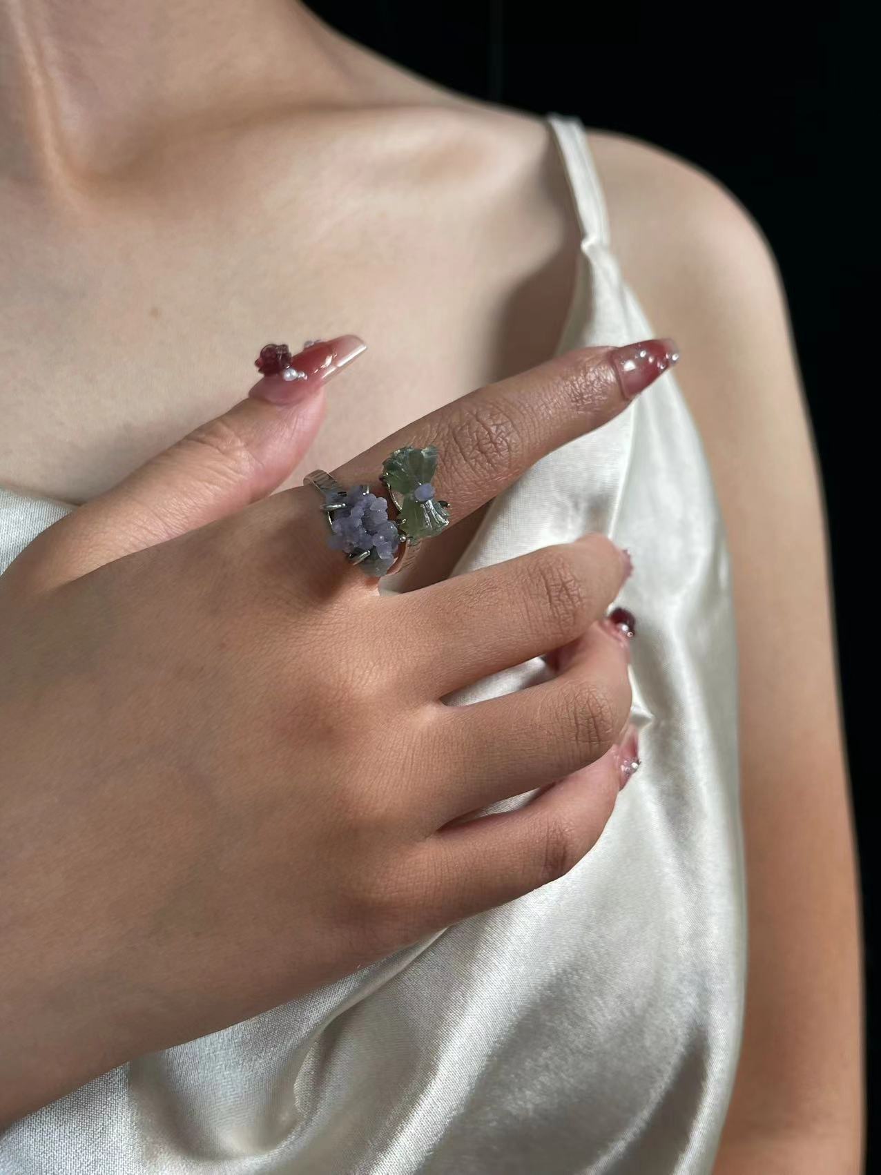 Double Raw Prehnite & Grape Chalcedony Ring