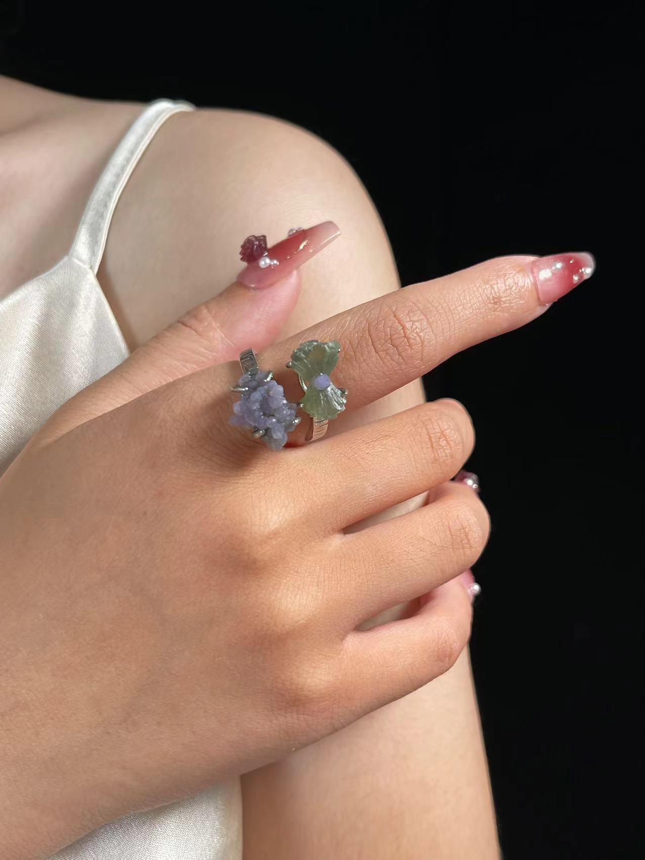 Double Raw Prehnite & Grape Chalcedony Ring