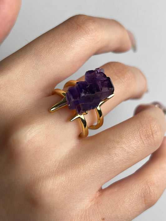close up look on natural matrix purple cubic fluorite crystal ring