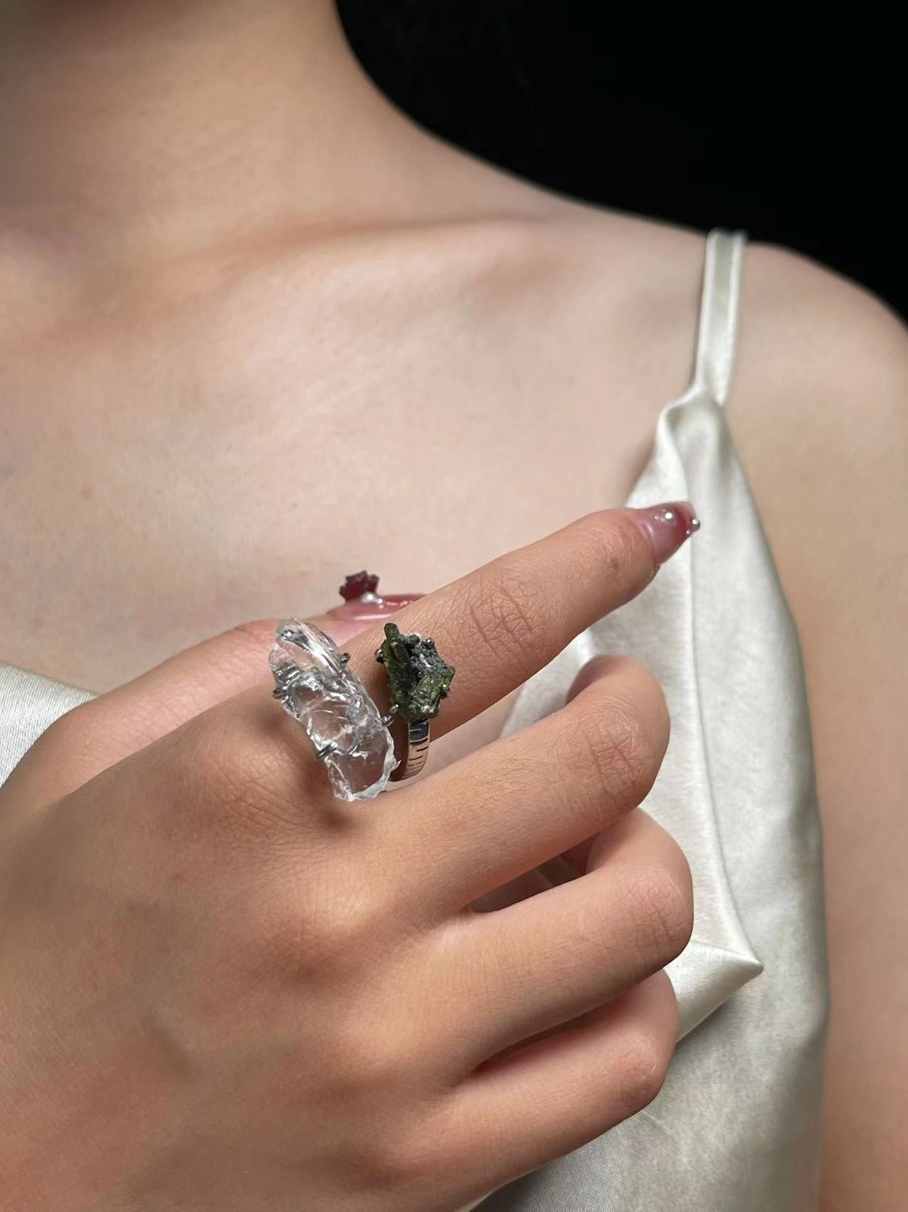 Double Clear Quartz & Epidote Raw Ring