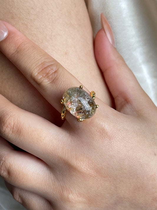 Phantom Quartz Freeform Ring, close-up on hand