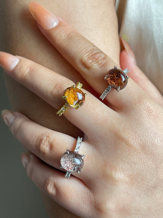 Phantom Quartz Freeform Ring, close-up on hand