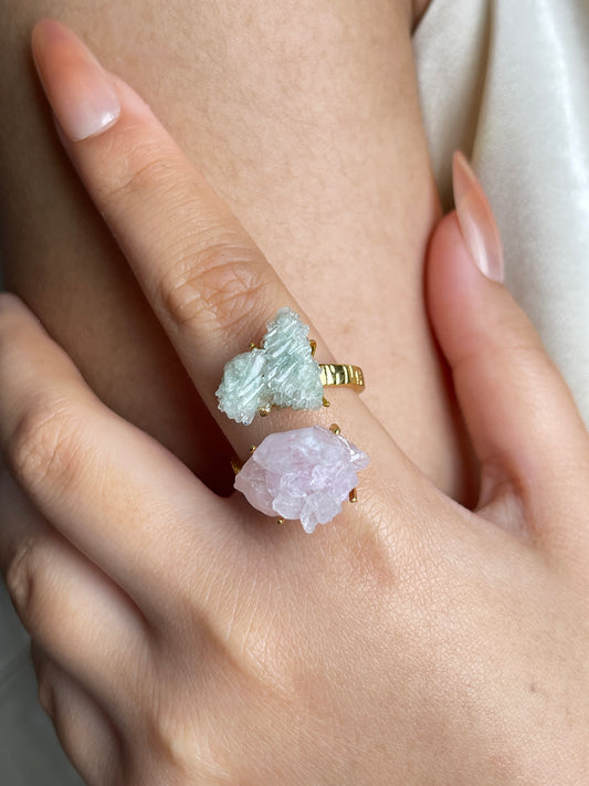 Pink and Green Strawberry Quartz Raw Crystal Ring, close-up on hand