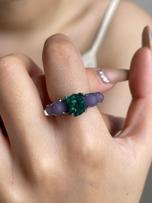 Close-up hand shot of Purple Grape Agate and Dioptase ring by Oryssia