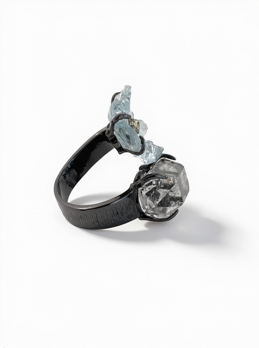 Side view of raw Aquamarine flower ring with Hakima Diamond Quartz and Chalcopyrite