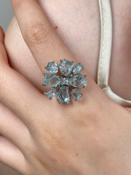 Raw Brazilian aquamarine snowflake ring worn on hand, showing natural icy blue crystal texture