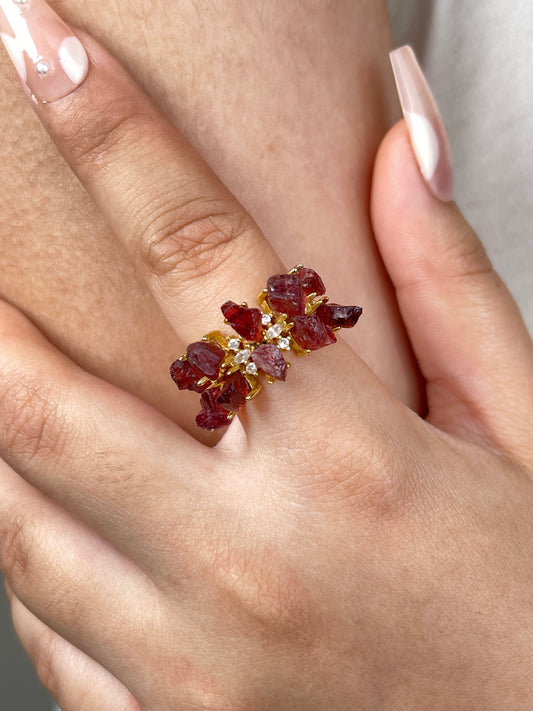 close up look raw garnet double row ring