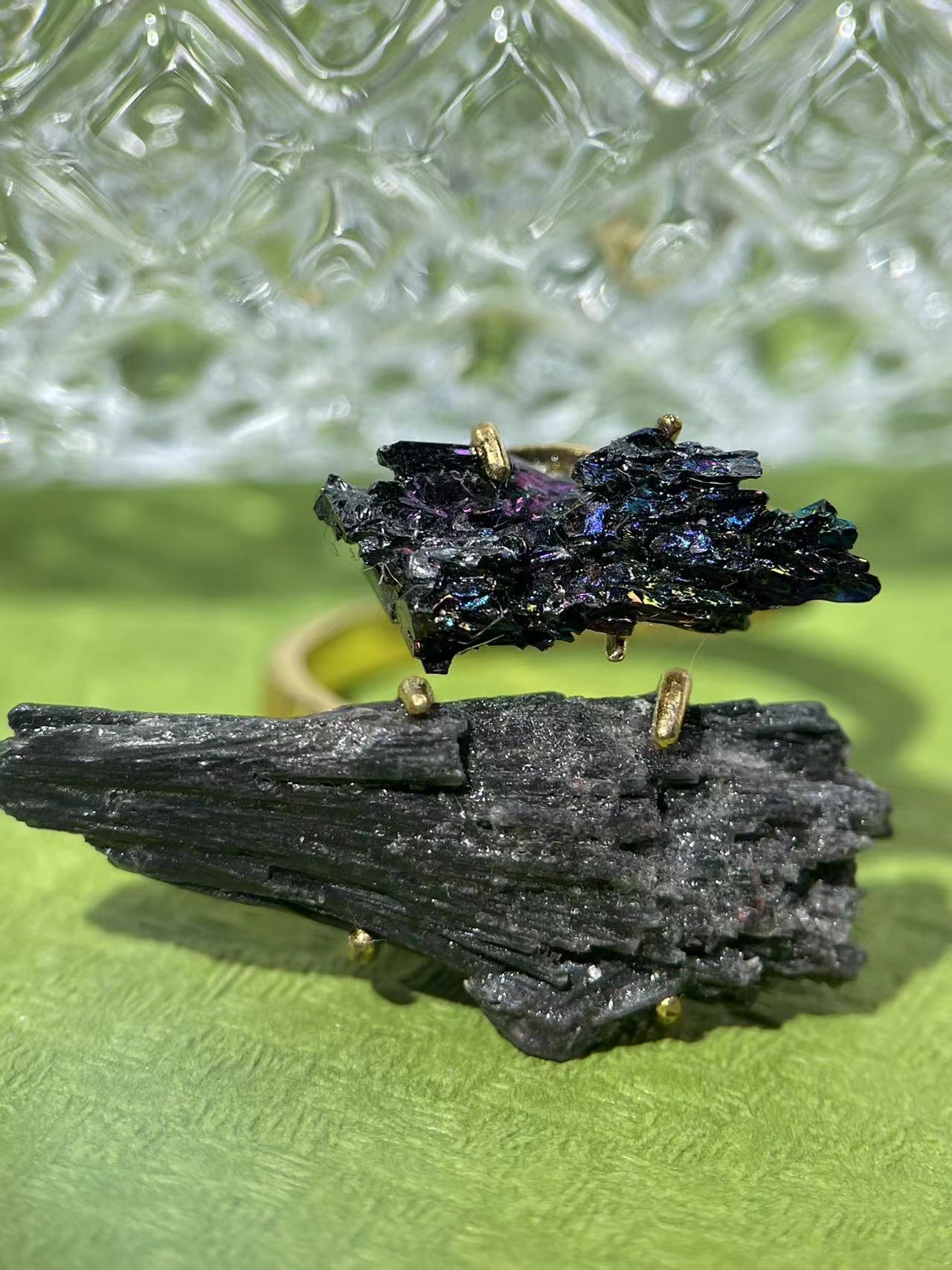 Feather Black Tourmaline & Rainbow Chalcopyrite Ring