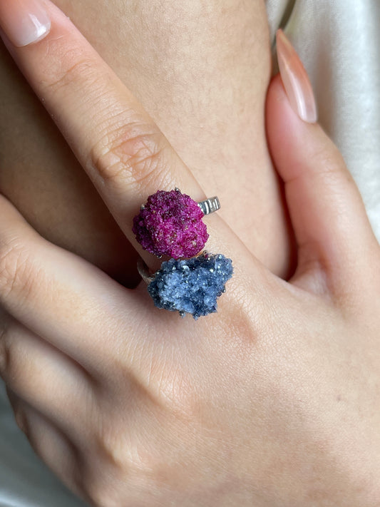 Ruby and Sapphire Mineral Specimen Ring, close-up on hand