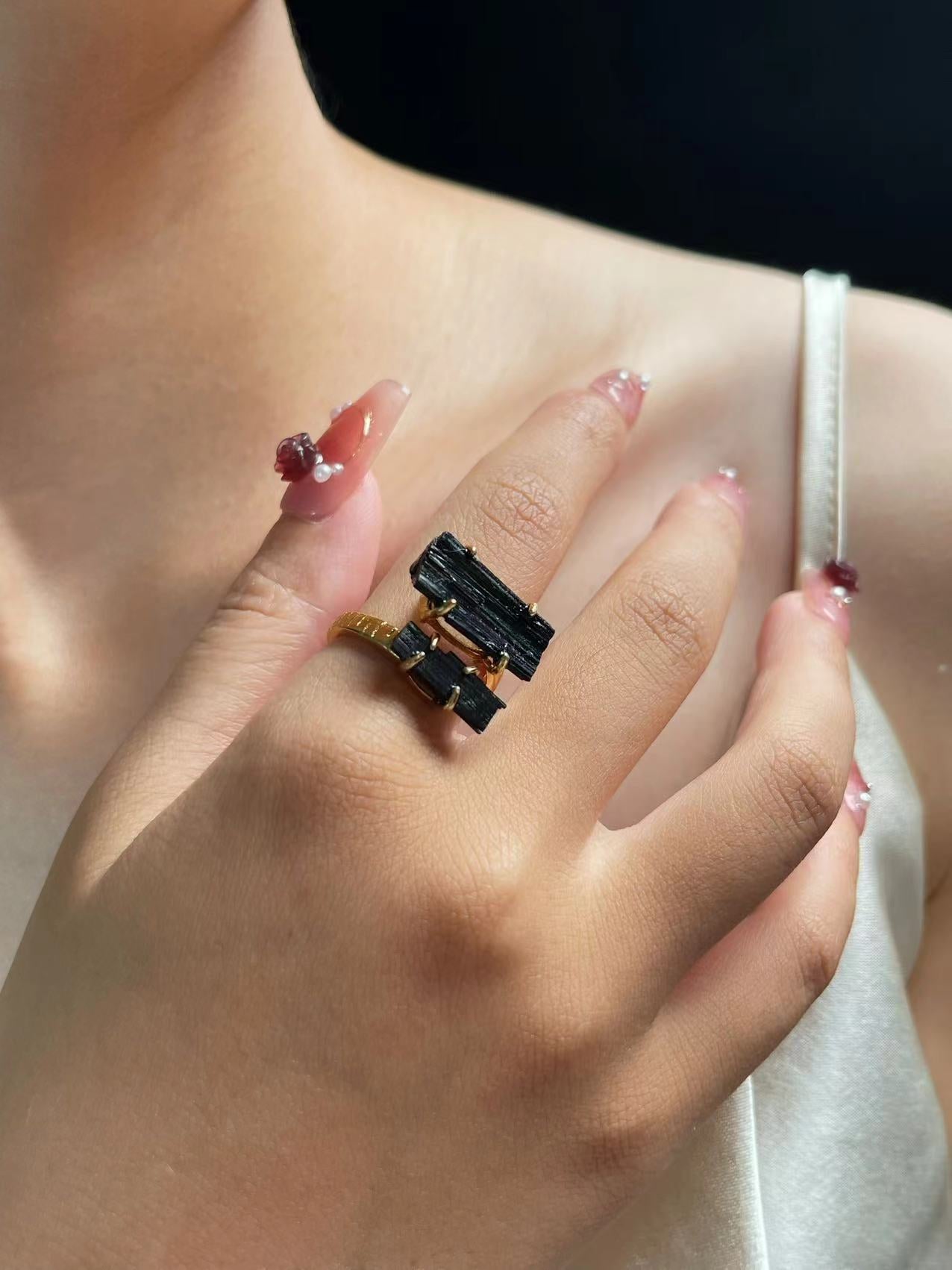 Black Tourmaline Raw Twin Crystal Ring