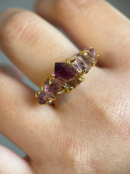 close-up super seven crystal and amethyst row ring