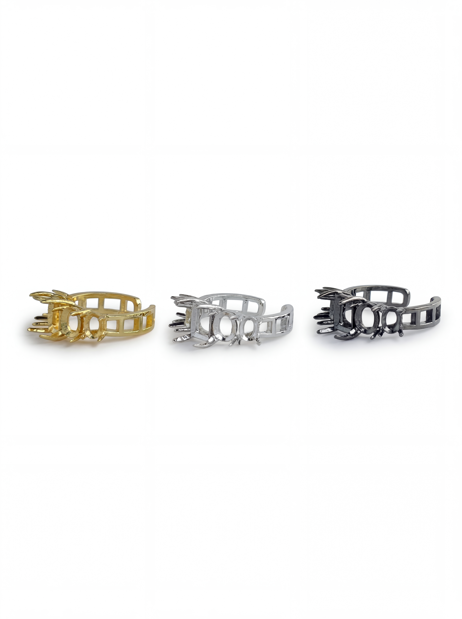 3-three raw crystal ring settings in gold, silver, and black finishes showing different metal options