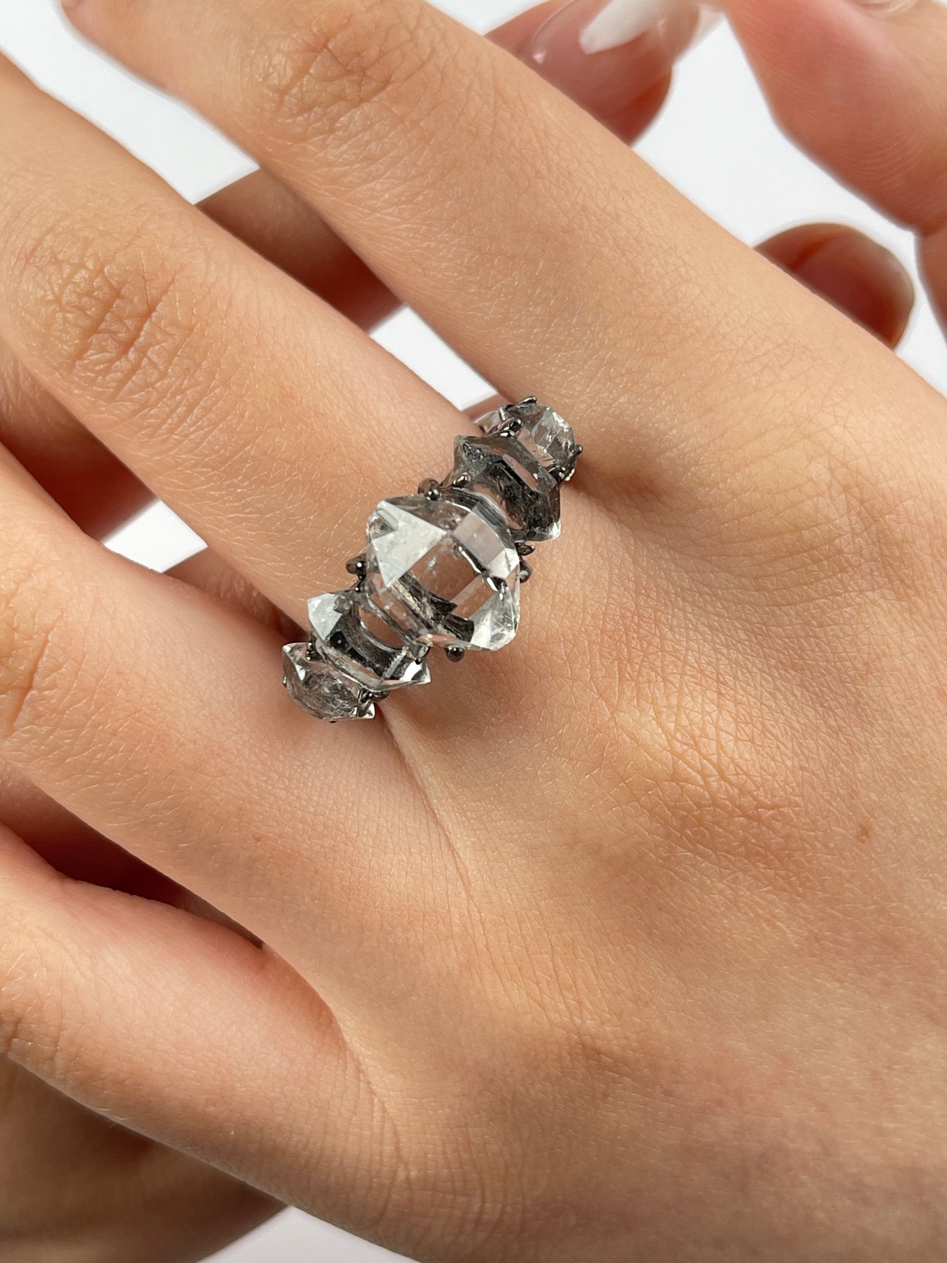 Clear Herkimer Diamond Quartz Row Ring on hand