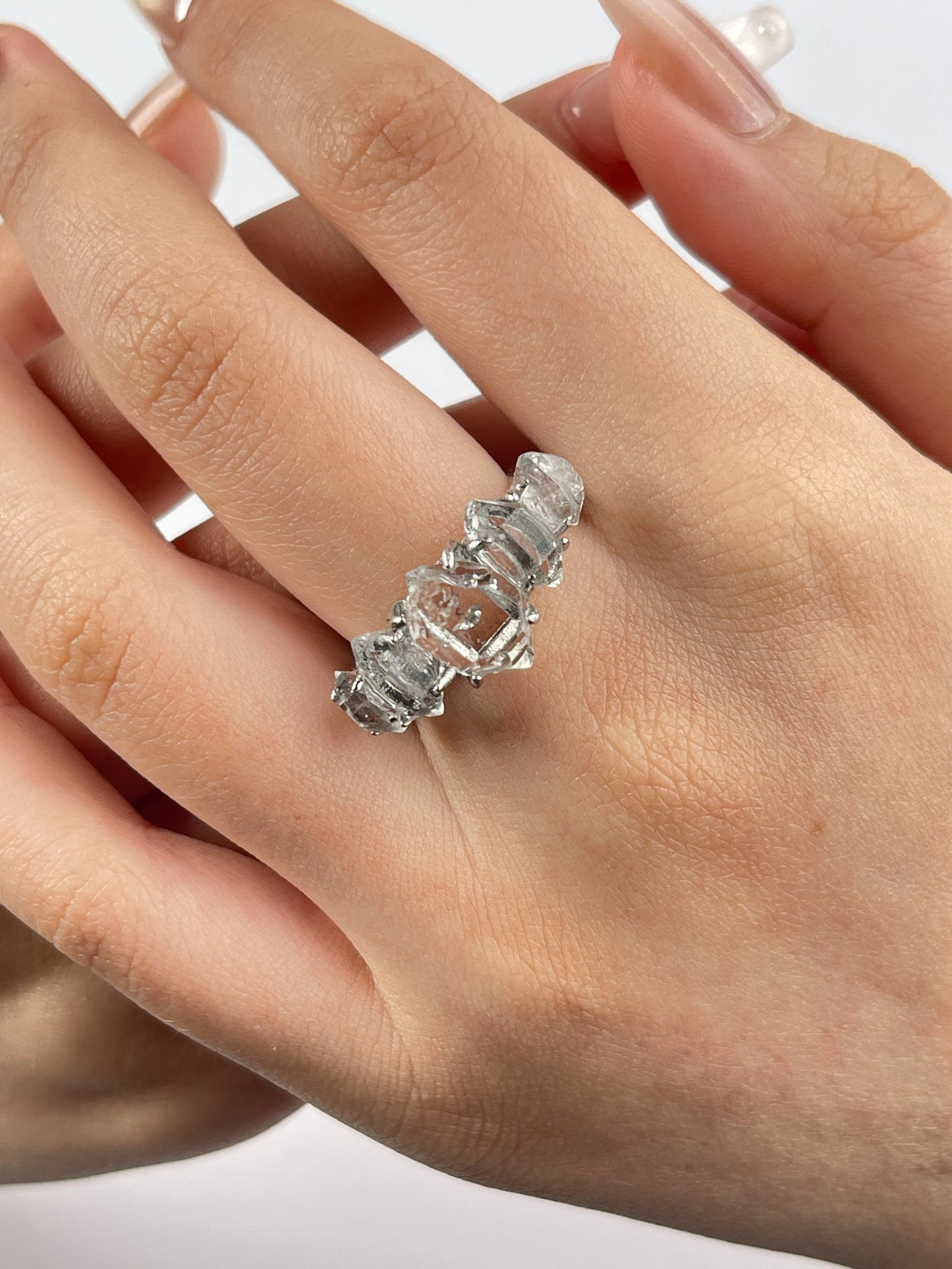 Clear Herkimer Diamond Quartz Row Ring on hand