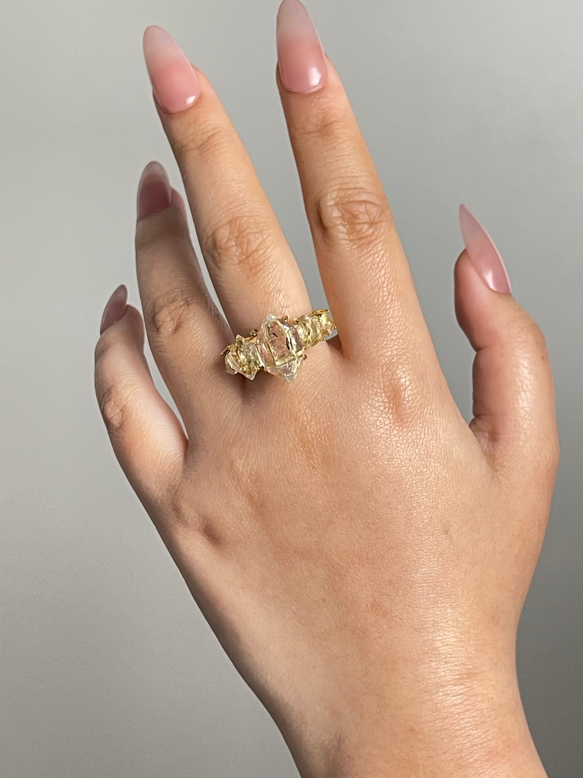 Clear Herkimer Diamond Quartz Row Ring on hand