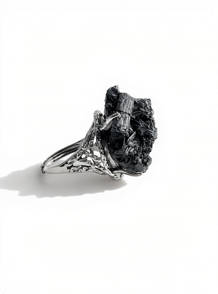 Black Tourmaline Cluster Mineral Specimen Ring